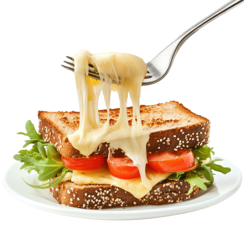 Delicious cheese sandwich topped with fresh tomatoes and creamy sauce served on a white plate, sandwich with cheese and sauce being eaten with a fork, Transparent background, background png