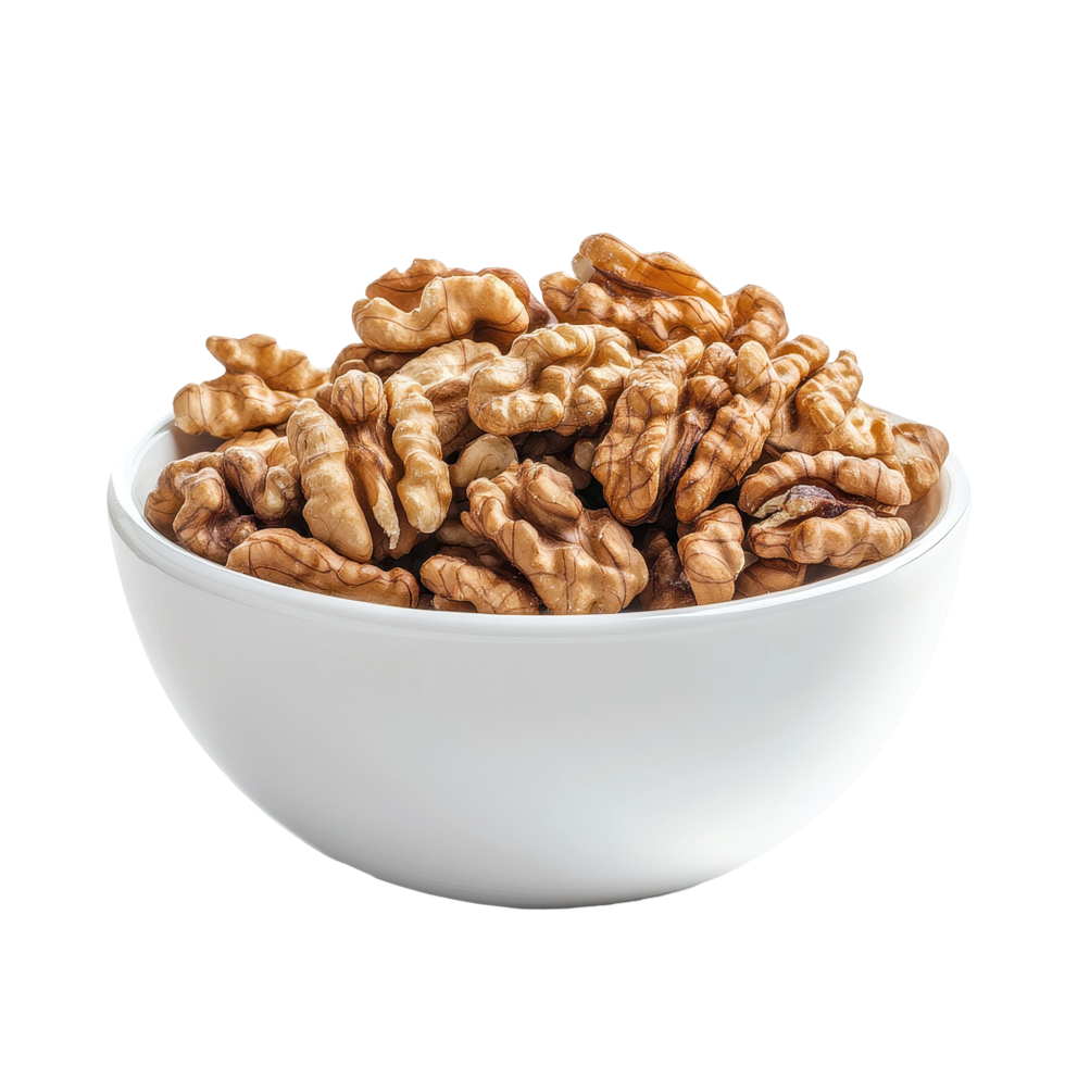 Walnuts in white bowl on Transparent background, perfect for healthy snacks or culinary uses, Walnuts in white bowl isolated on background png
