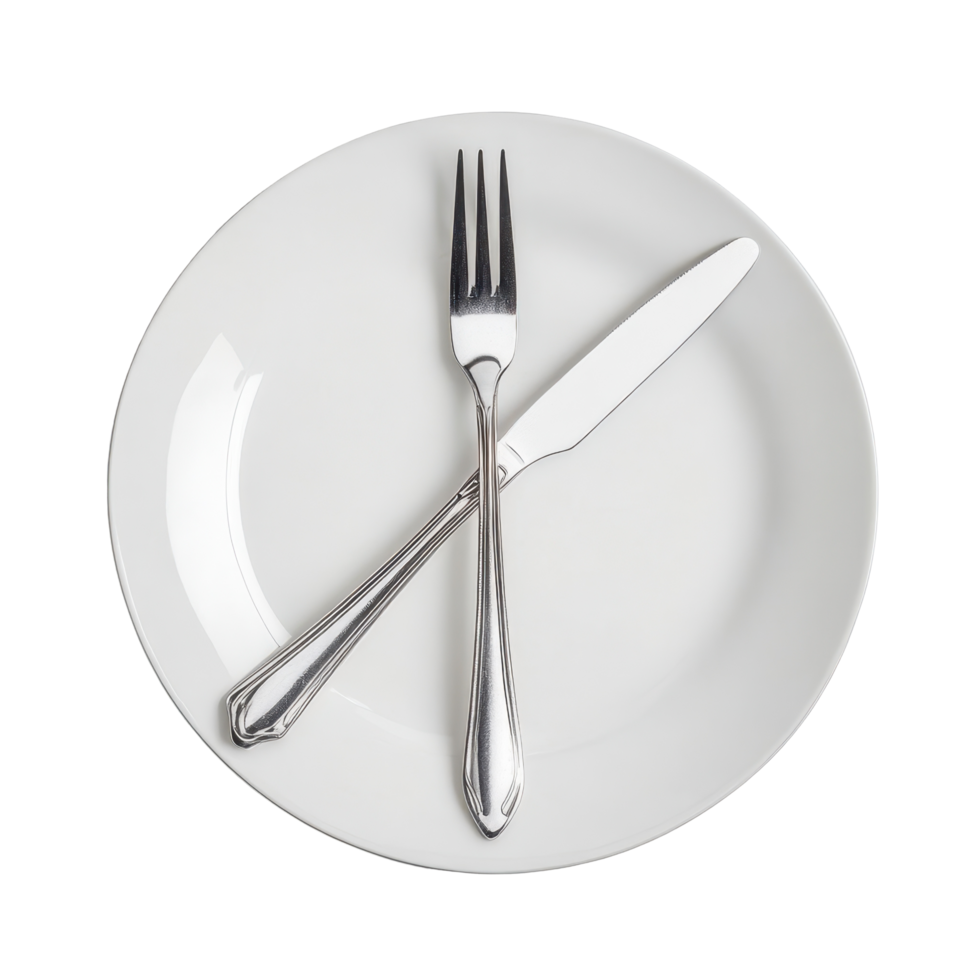 Silverware arrangement with crossed fork and knife on a white plate perfectly set for dining, Silverware-Crossed Fork and Knife on Plate, Transparent background png