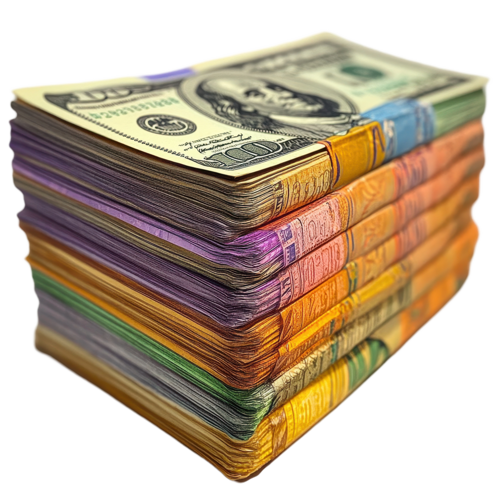 Stack of American paper currency arranged in vibrant bands showcasing various denominations, Stack American Paper Currency png