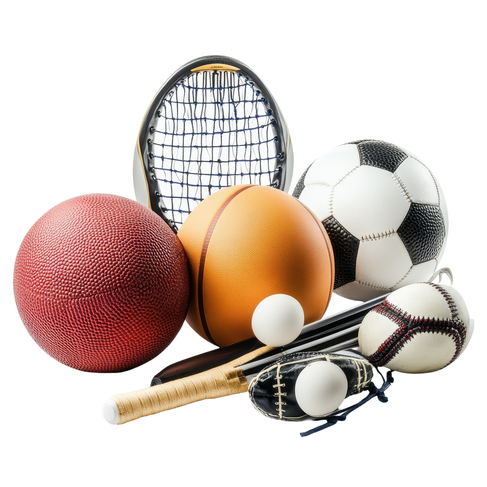 Various sports equipment on a white surface highlighting multiple sporting activities and games, Sports Equipment isolated on Transparent background png