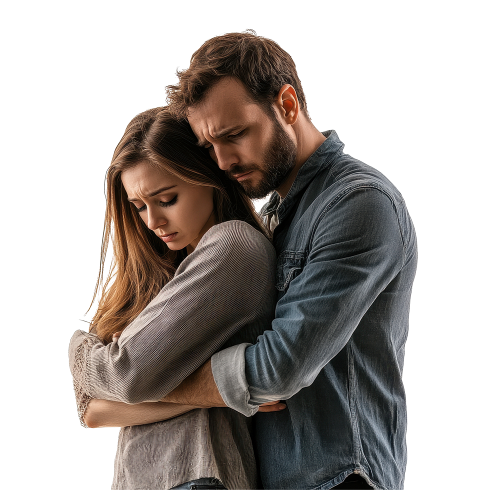 Sad young couple embraces each other in isolation with a neutral Transparent background, Sad young couple isolated on white png