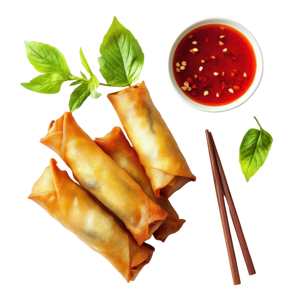 Crispy spring rolls served with dipping sauce on Transparent background in traditional presentation, Fried Chinese Traditional Spring rolls food isolated on background png