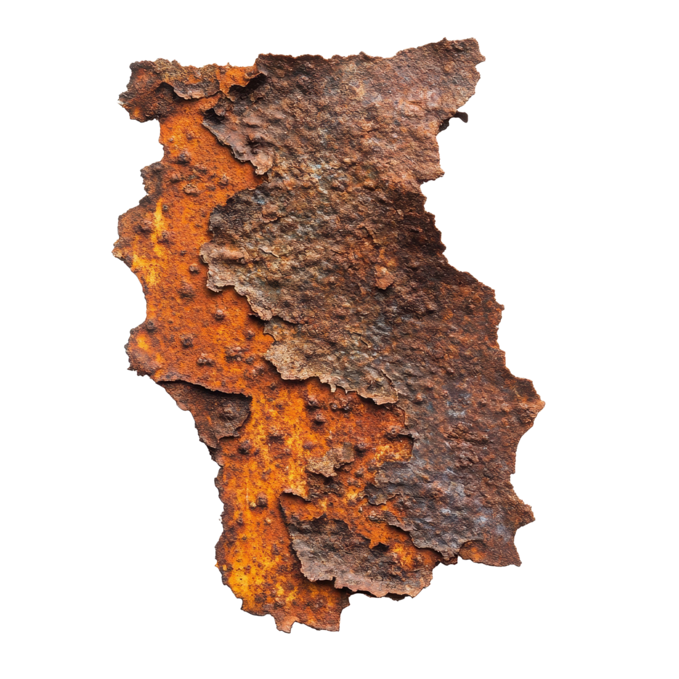 Rusty metal fragment with detailed texture isolated on a Transparent background showing decay and natural aging, rust isolated on background png