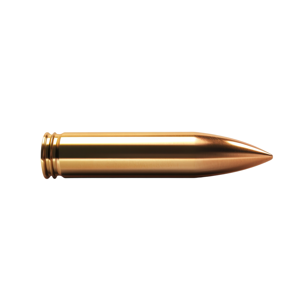 Speeding bullet in side view showcases sleek design and streamlined form against a white backdrop, Speeding Bullet Side View Isolated on Transparent background, background png