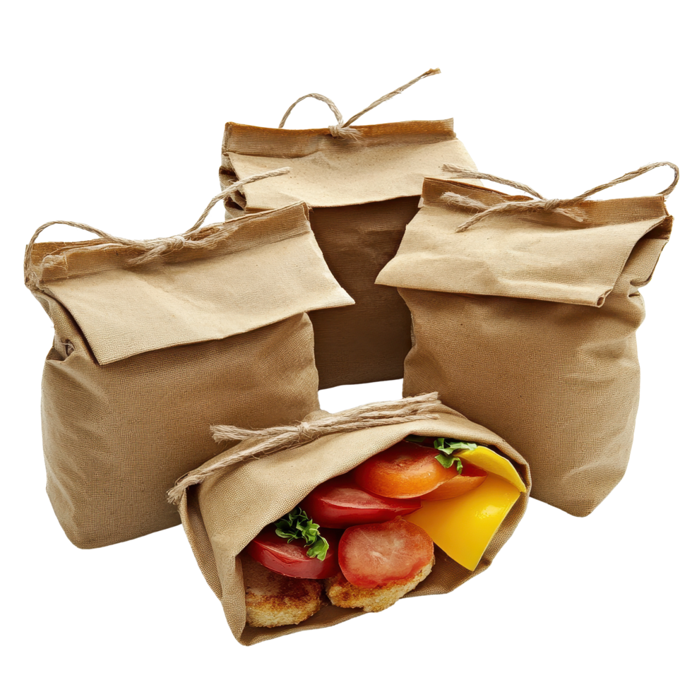 Sack lunches on a Transparent background showcasing homemade meals for school or work, Sack lunches, background png