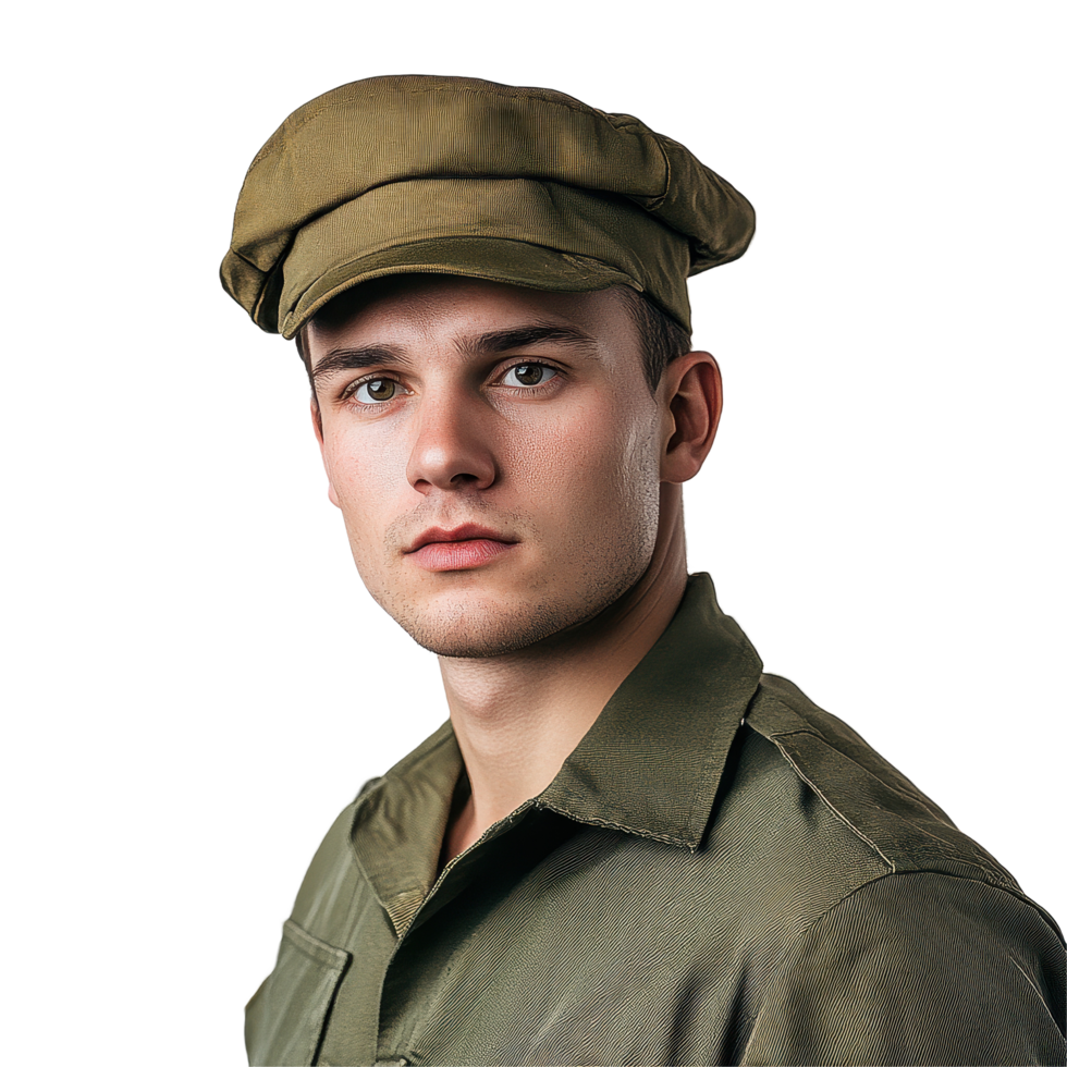 Soldier in uniform poses against a white backdrop displaying pride and discipline in military attire, soldier in uniform, Transparent background png