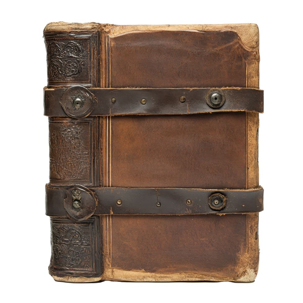 Old leather covered book with intricate details on a Transparent background, very old book with a leather cover, background png