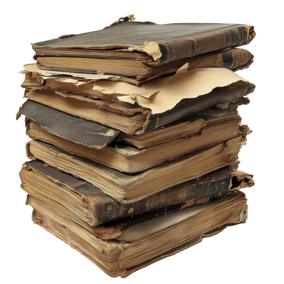 Stacked old books with torn pages displayed on a Transparent background showcasing vintage literature, stack old books with a few pages torn off, background png