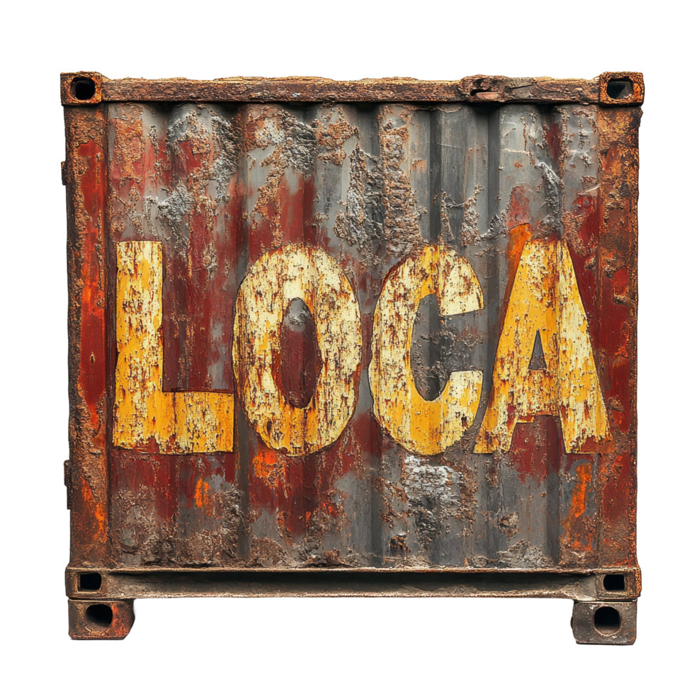 Rusty shipping container with loca painted in vibrant yellow on distressed metallic surface, rusty container with the word loca painted on it, Transparent background png