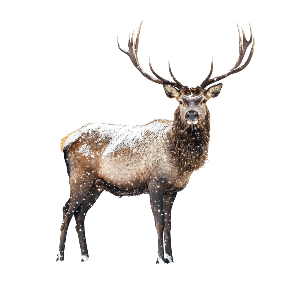 Stag with large antlers gracefully stands in snow, showcasing its majestic presence in winter landscape, stag standing in the snow with large antlers, Transparent background, background png