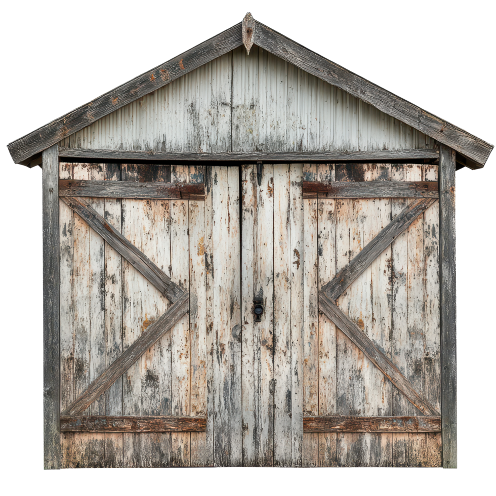 Weathered wooden shed with sliding doors revealing rustic charm in serene outdoor setting, Weathered Wooden Shed with Doors Each Sliding to One Side, Transparent background png