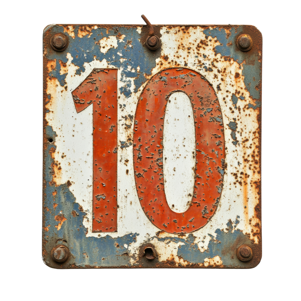 Rusty old sign displaying the number ten with a distressed Transparent background, rusty old sign with the number ten on it, background png