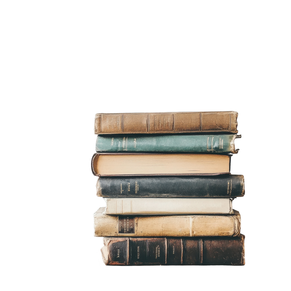 Vintage stack of books resting on a rustic wooden table with a minimalistic white backdrop, stack books sitting on a wooden table, Transparent background png