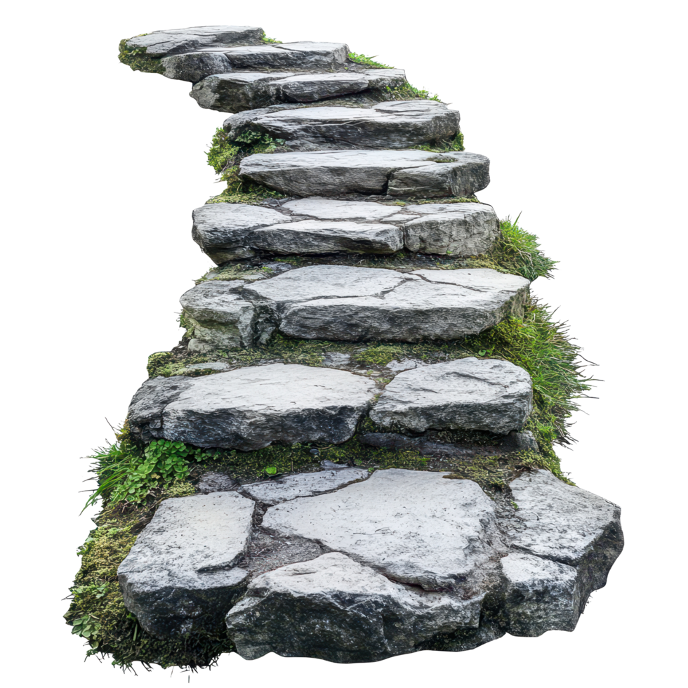 Stone steps ascend a winding path lined with greenery in a serene outdoor setting, stone path with steps leading up to the top, Transparent background png