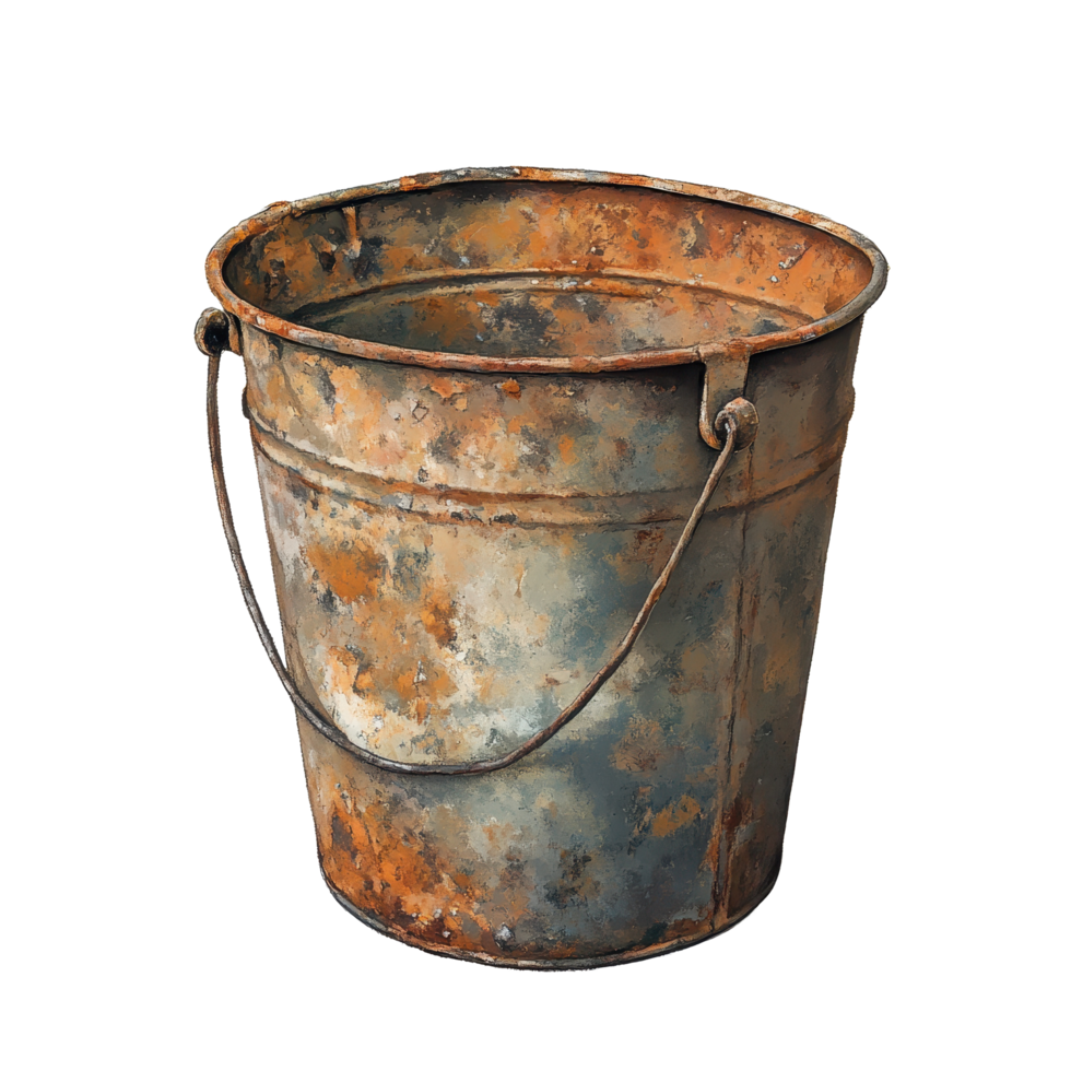 Rusty bucket evokes memories of simpler times and practical uses in everyday life, Rusty Bucket - A Symbol Nostalgia and Simplicity, Transparent background png