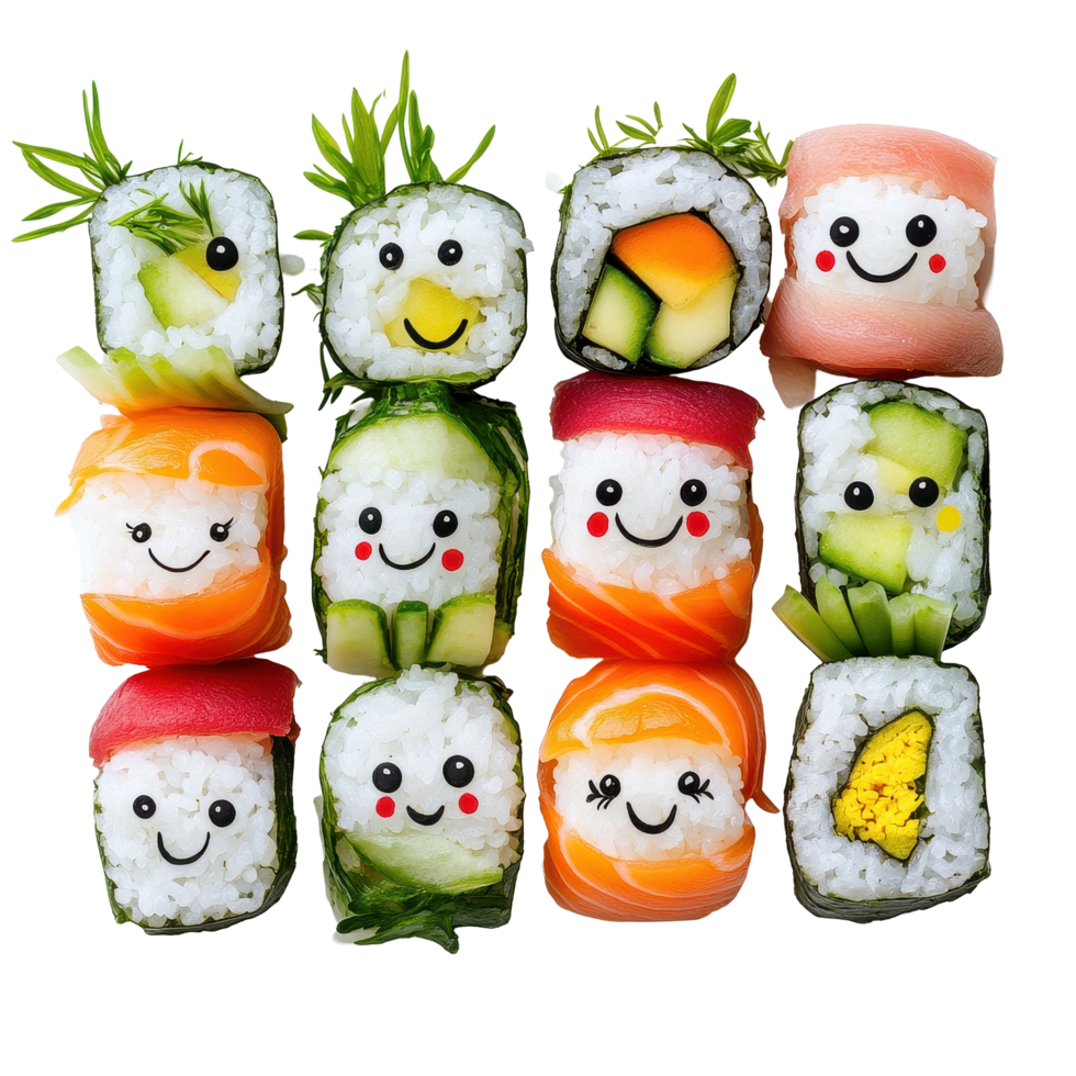Colorful sushi rolls with playful faces and fresh vegetables on a Transparent background, row sushi with different faces and vegetables, png