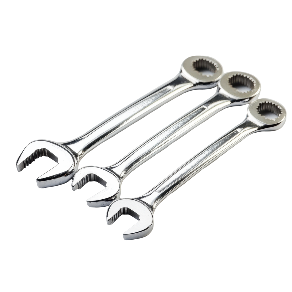 Chrome spanner tools arranged in a row showcasing precision and durability for mechanical tasks, Spanner chrome metal wrench tools png