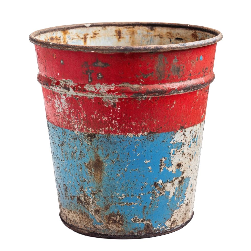 Rusty red and blue bucket barrel resting on a Transparent background highlighting its weathered charm, Rusty Red and Blue Bucket Barrel, background png