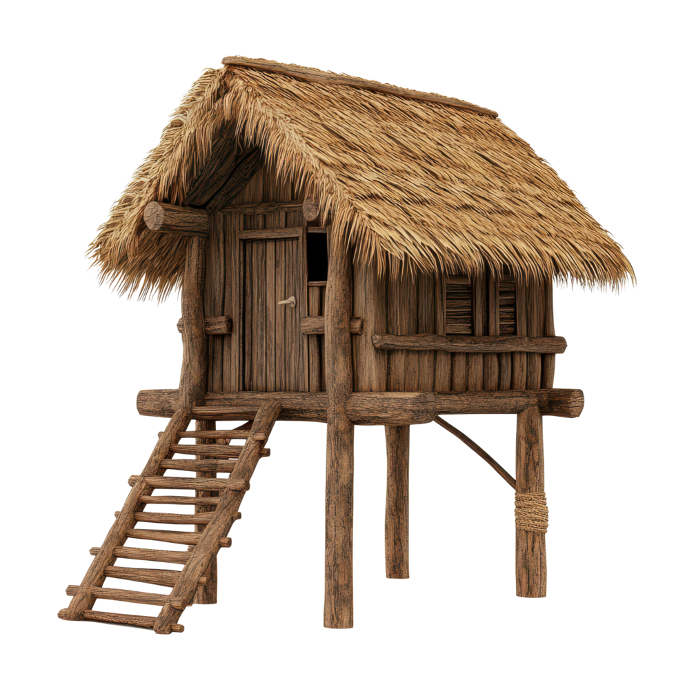 Cozy small wooden house with thatched roof and steps in a tranquil outdoor setting, small wooden house with a thatched roand stairs, Transparent background png