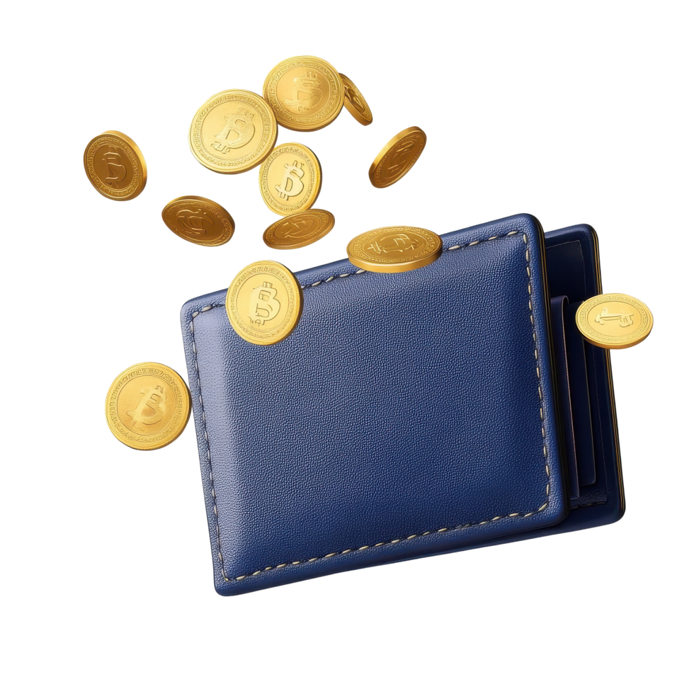 Blue wallet with flying golden coins on a Transparent background represents wealth and prosperity, background a blue wallet with flying golden coins on a transparent background png