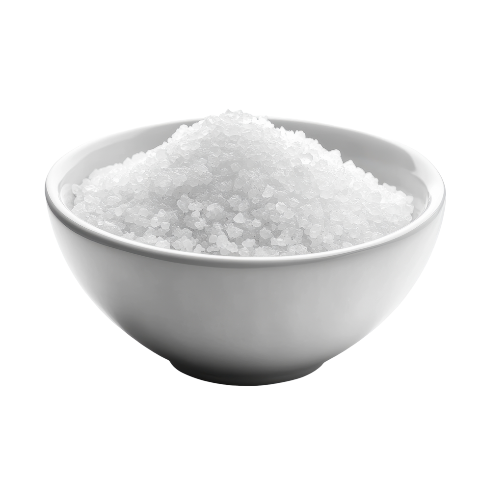 White bowl filled with coarse salt against a minimalist Transparent background for culinary use, Salt in white bowl on background png