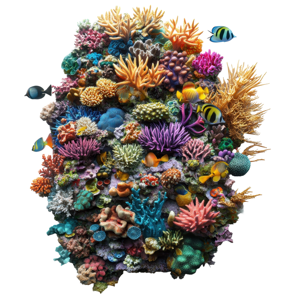 Vibrant coral reef brimming with diverse fish species in a tropical ocean ecosystem, very colorful coral reef with many different fish, Transparent background, background png