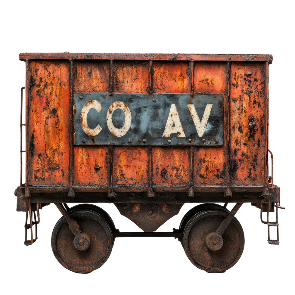 Rusty old train cart displaying faded sign indicating coal transportation in an abandoned setting, rusty old train cart with a sign that says coal, Transparent background png