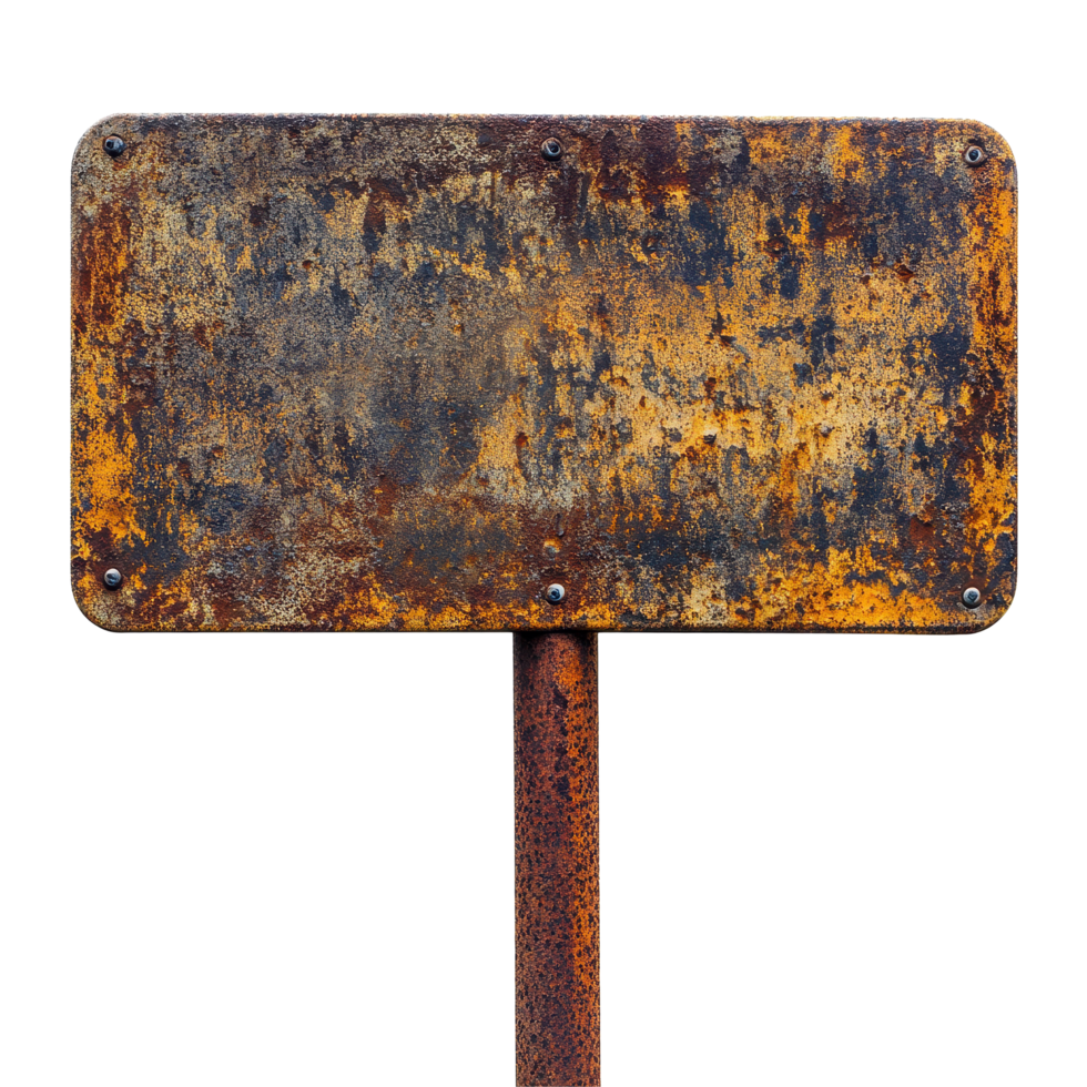Rusty vintage metal sign isolated on Transparent background showcasing weathered textures and old charm, Rusty vintage empty metal sign isolated on png