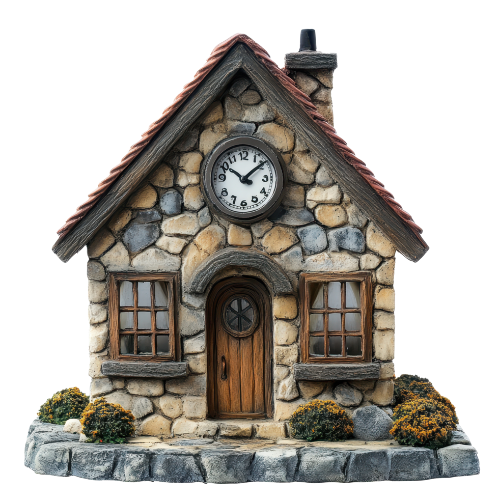 Small stone building with a clock on the front showcasing rustic charm and timeless elegance, small stone building with a clock on the front, Transparent background png