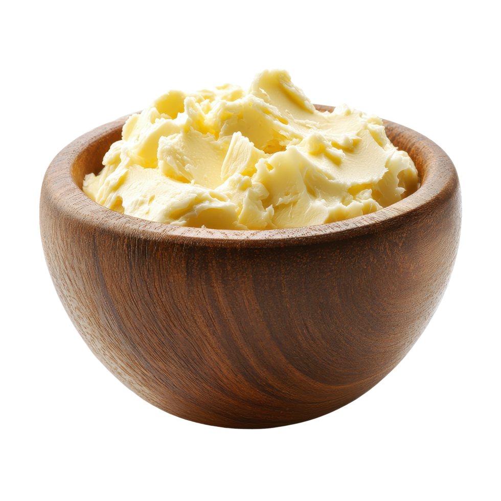 Wooden bowl filled with creamy butter on a stylish Transparent background, wooden bowl filled with a mixture butter, background png