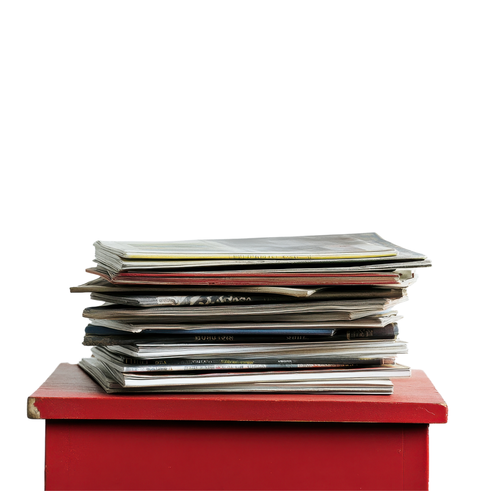Old magazines stacked neatly on a red table against a Transparent background creating a minimalist aesthetic, stack old magazines on a red table, png