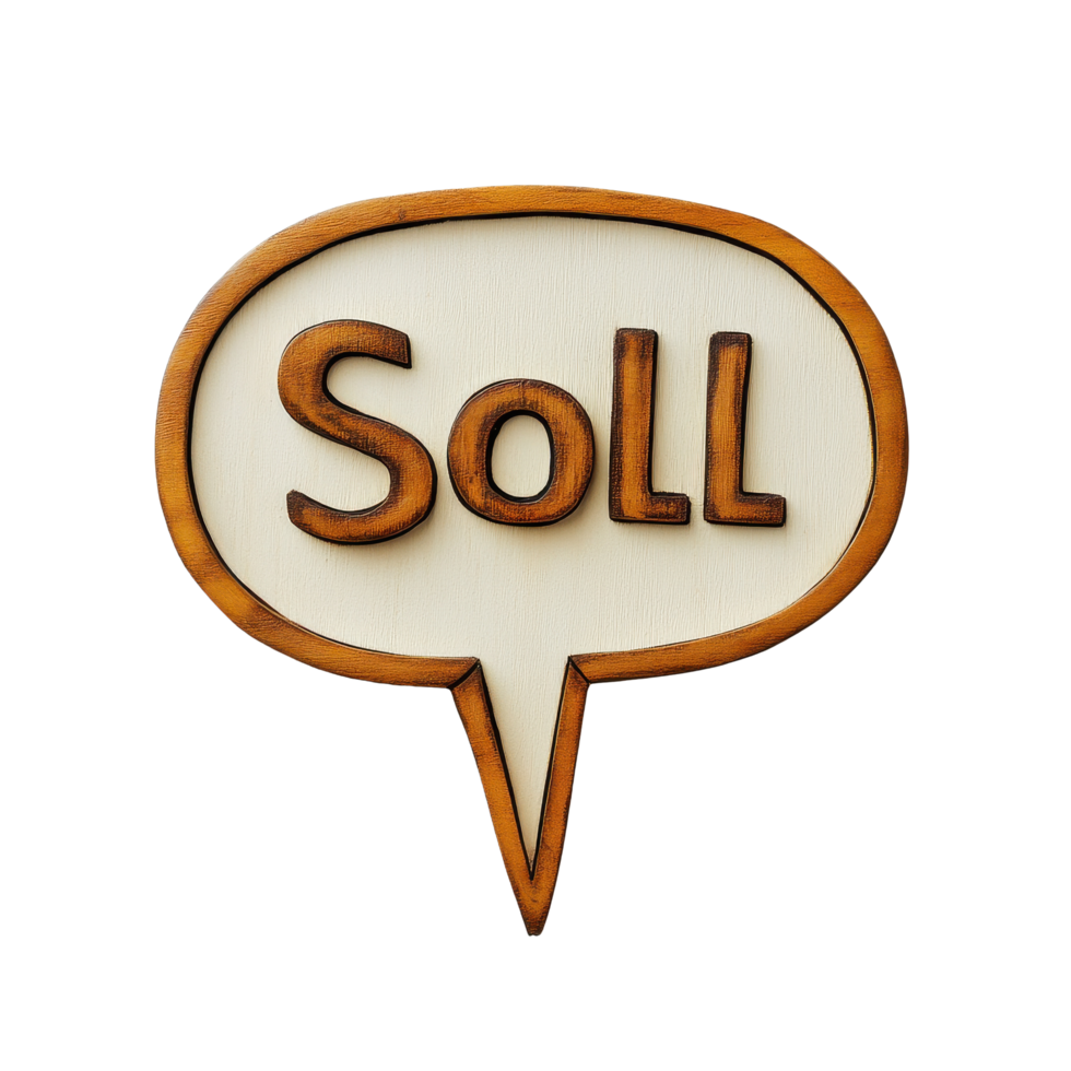 Speech bubble featuring the word sell crafted from wood on a plain Transparent background for promotional use, speech bubble with the word sell on it, background png