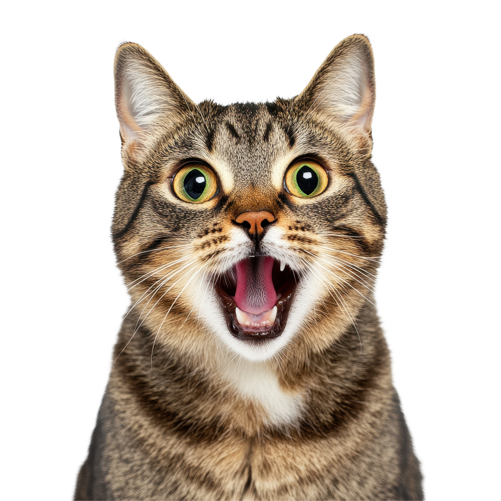 Startled tabby cat exhibits wide-eyed surprise and alert expression in indoor setting, Startled Tabby Cat with Open Mouth and Alert Expression or scared cat, Transparent background png