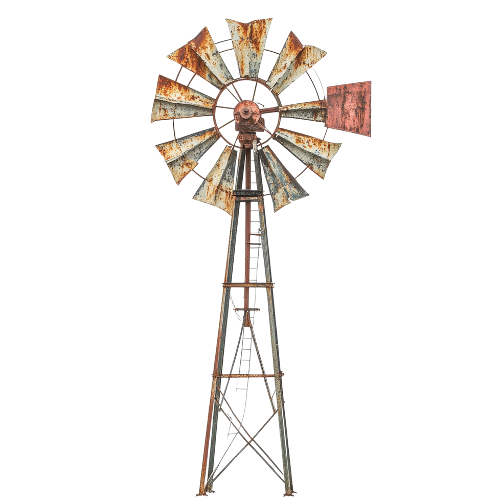 Rustic windmill stands tall against a vast desert sky with a white backdrop, Rustic Windmill Against a Desert Sky, Transparent background png
