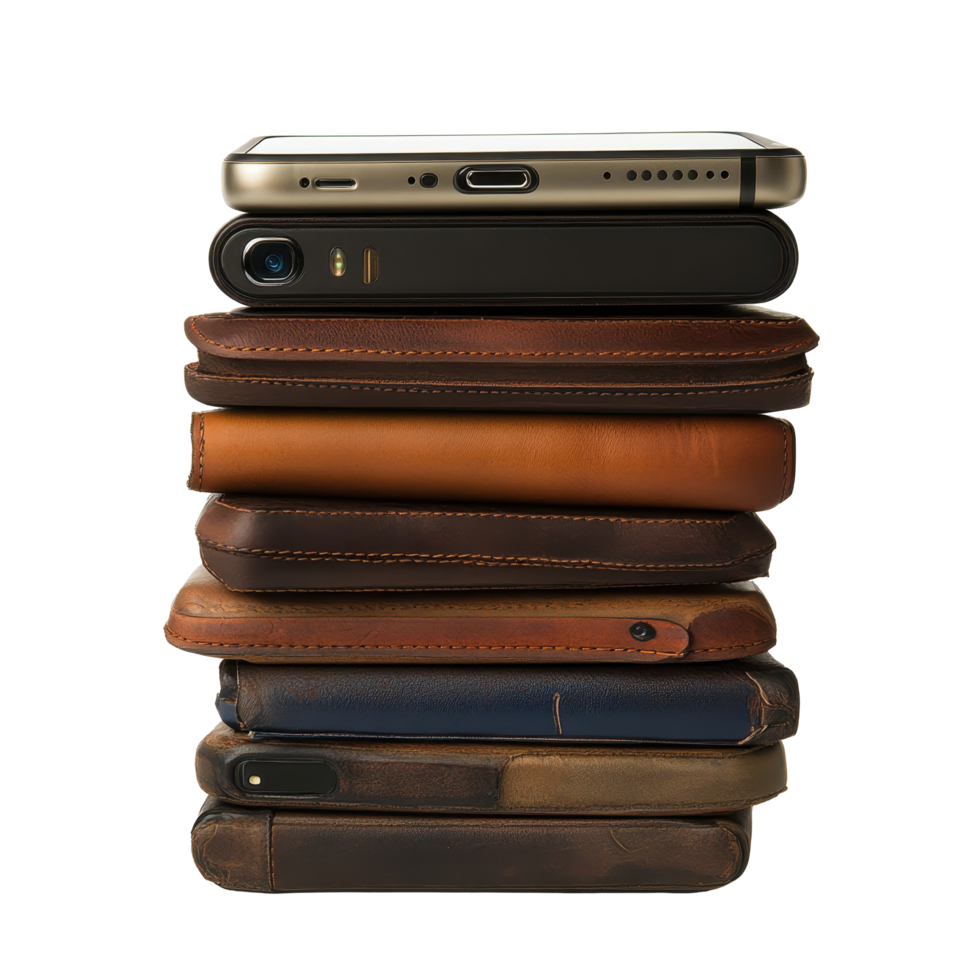 Stack of cell phones with leather cases on a Transparent background showcasing various designs and colors, stack cell phones with leather cases on top, background png