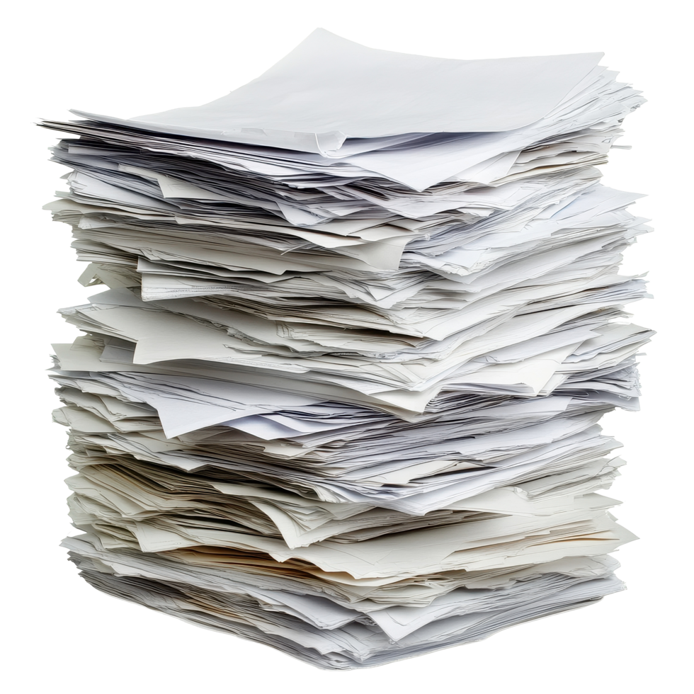 Stack of assorted papers in disarray on a clean Transparent background, Stack papers isolated on png