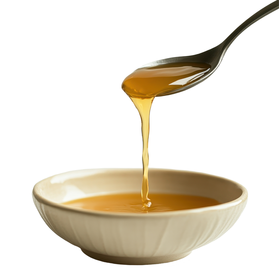 Liquid honey pours from a spoon into a cream-colored bowl on a smooth surface, spoon with liquid pouring out it in a bowl, Transparent background png