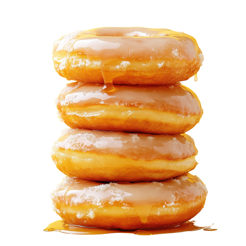 Stacked glazed donuts drizzled with syrup against a bright yellow background, stack glazed donuts with syrup on a yellow background, Transparent background, background png