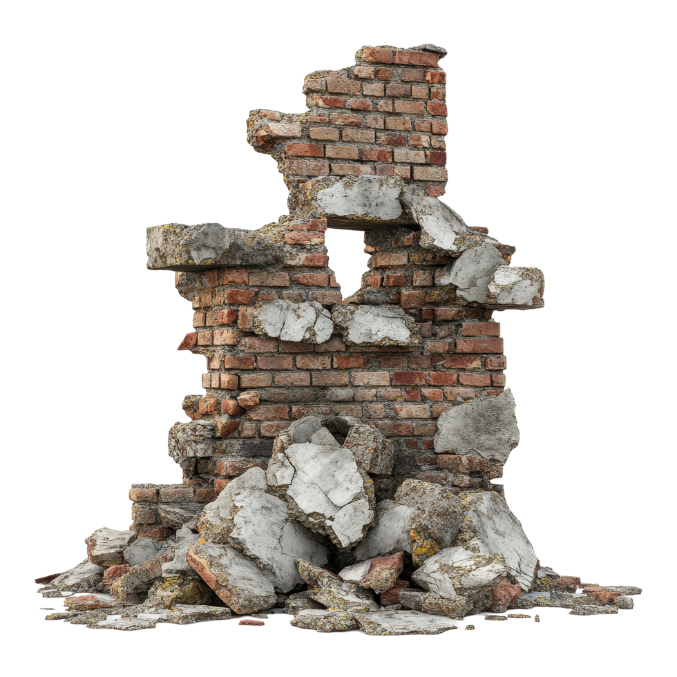 Ruined building pile isolated on Transparent background showcasing crumbling bricks and debris, Ruined building pile isolated on png