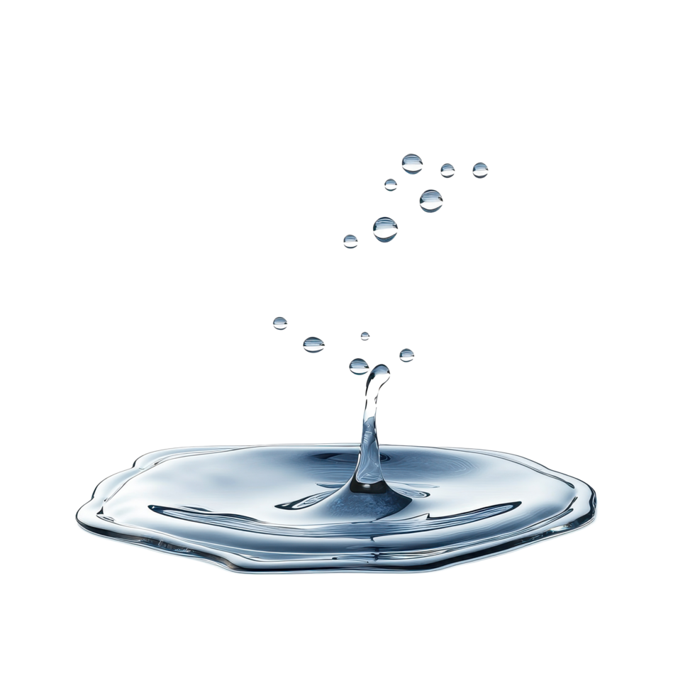 Water drop splashes on floor creating small droplets isolated on Transparent background, Spilled water drop on the floor isolated on white or isolated on png