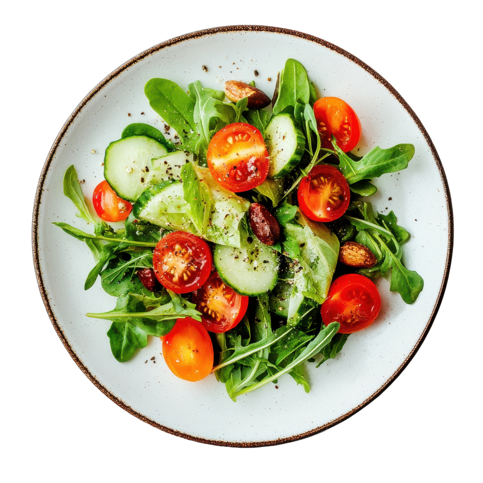 Fresh garden salad with tomatoes, cucumbers, and almonds on a Transparent background, salad in plate isolated on background png