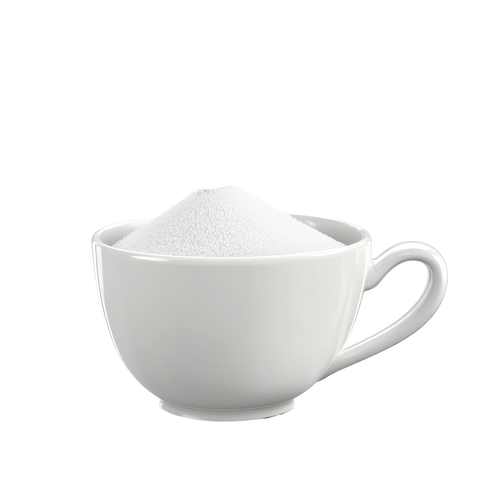 Cup filled with white sugar spilling out on a bright background, Salt Or Sugar Spilling Out The Cup, Transparent background png