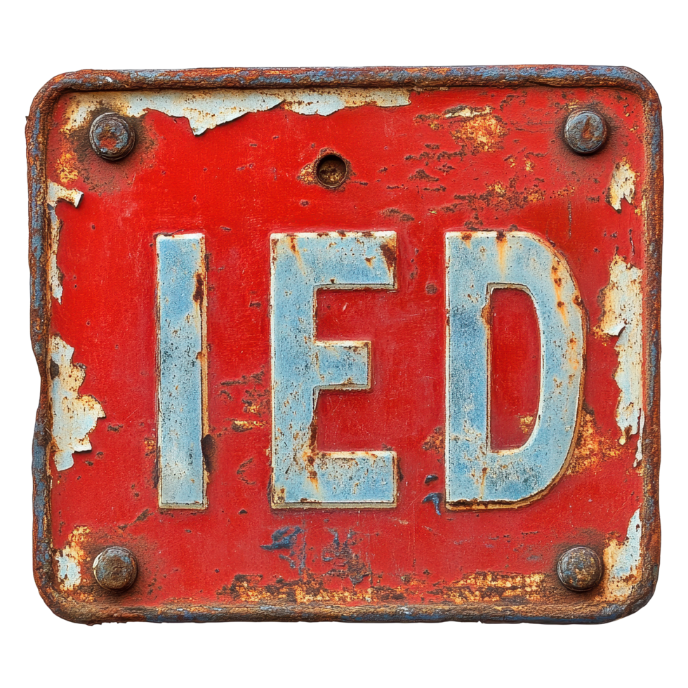 Rusty red sign with the word IED prominently displayed, conveying a cautionary message, rusty red sign with the word i red on it, Transparent background png
