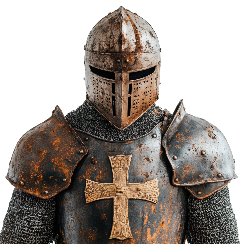 Rusty armor of a Knight Templar with cross emblem for equestrian display, Rusty Armor Knights Templar Cross Equestrian Order th Century Military Heritage Medieval Costume, Transparent background png