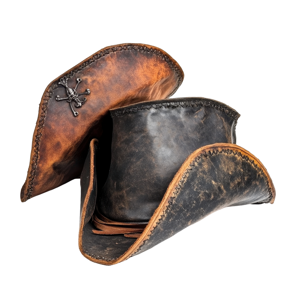 Authentic rustic pirate hats made of leather and cloth for adventurous spirits and costume enthusiasts, Rustic Pirate Hats, Authentic Leather and Cloth Pirate Headwear, isolated on Transparent png