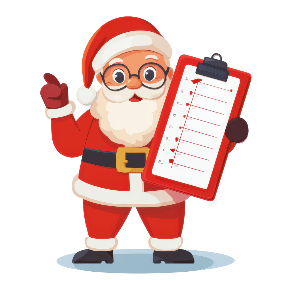 Santa Claus holds a holiday planner while preparing for Christmas festivities in a joyful celebration, Santa Claus Character with Holiday Planner on Transparent background, background png