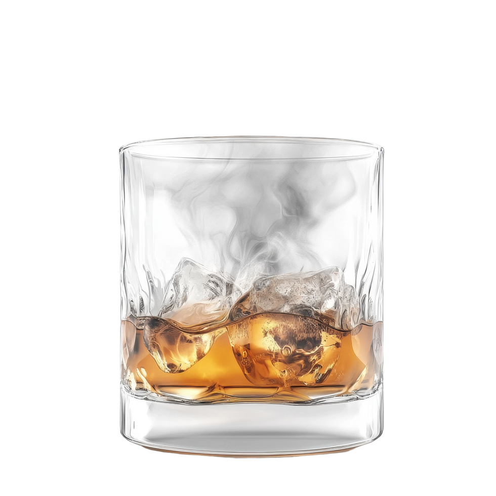 Whisky in a clear glass with ice and condensation steaming on a cold evening, Whisky water clear glass with cold wet steam and vapor in White background file png