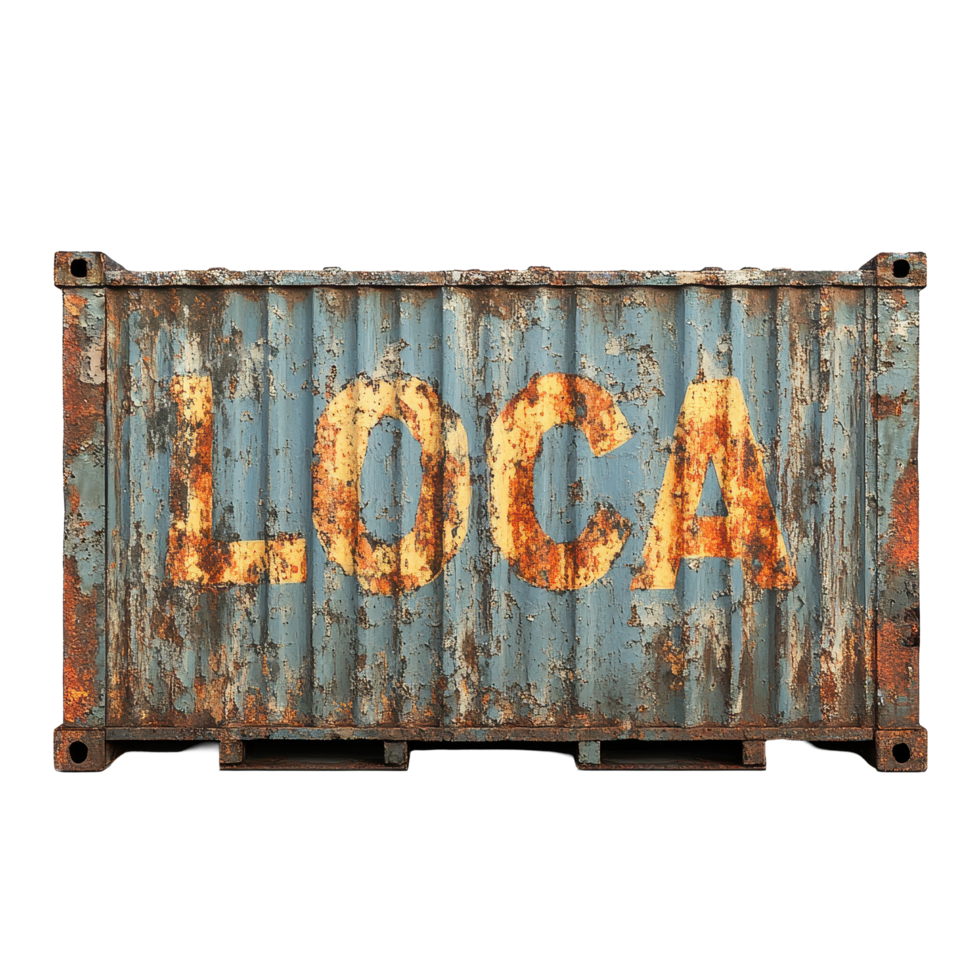 Rusty shipping container with loca painted in bright orange on a faded blue surface, rusty container with the word loca painted on it, Transparent background png