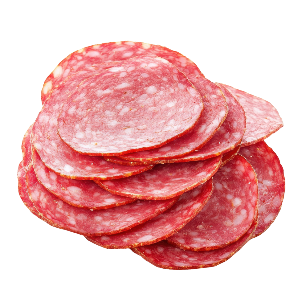 Salami sausage slices arranged neatly on a Transparent background for culinary presentation and food styling, Salami sausage slices ham isolated on png